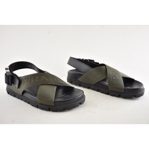 Prada Montana Nastro Criss Cross Strap Buckle Green Black Logo Flat Sandal 35.5 - Picture 4 of 16